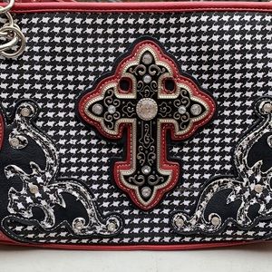 Black/white Houndstooth cloth shoulder bag with red trim, gems & Cross detail
